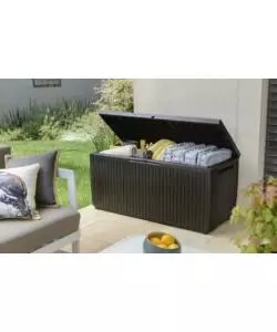 Baule da esterno keter "springwood" in resina marrone effetto legno 305 lt 123x54x57 cm